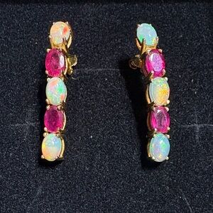 Gold Opal and Pink Stone Drop Earrings